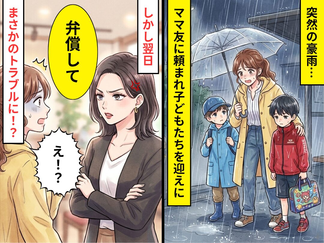 突然の豪雨…子どもたちをバス停までお迎え！だが翌日「弁償して」⇒ママ友が激怒！？そのワケに「嘘でしょ…」