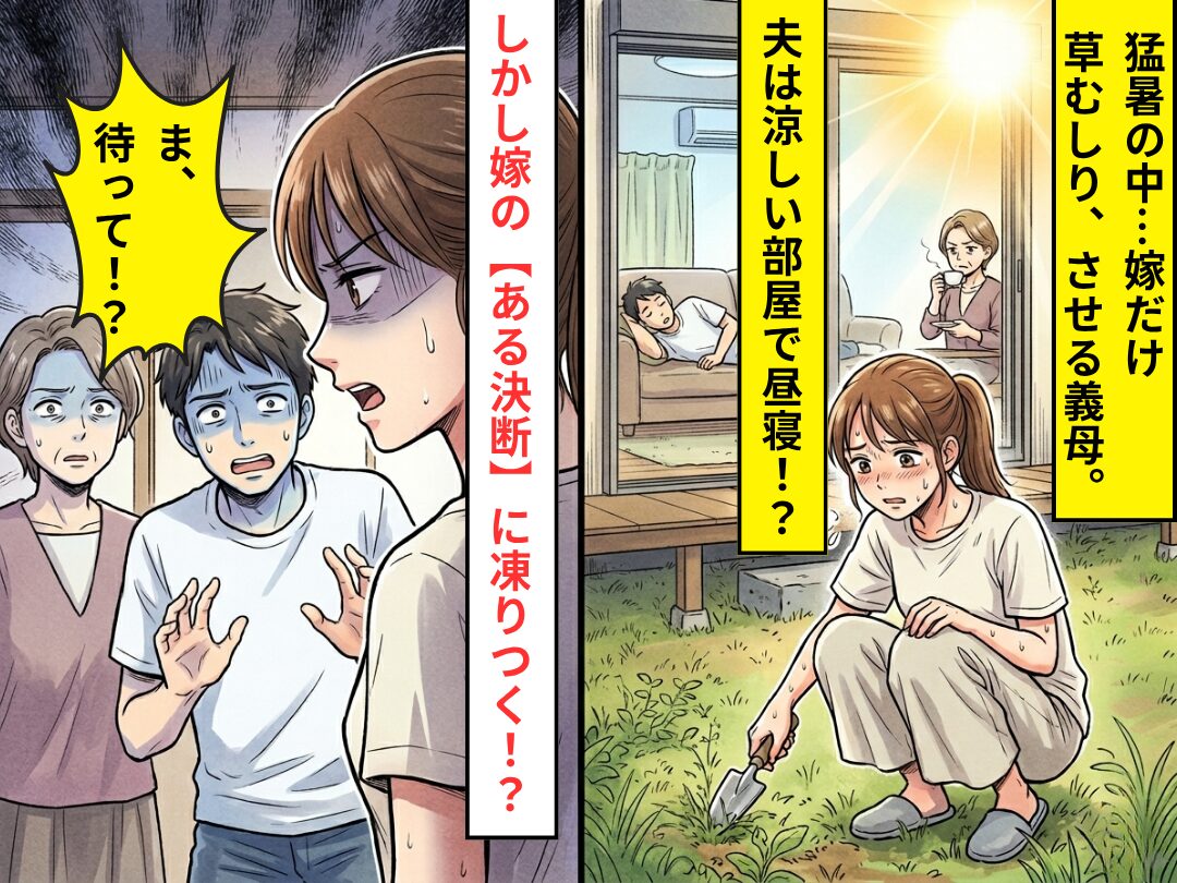 猛暑の中…嫁だけ“草むしり”させる義母。夫は涼しい部屋で昼寝！？しかし⇒嫁の【ある決断】に…夫「ま、待って！？」