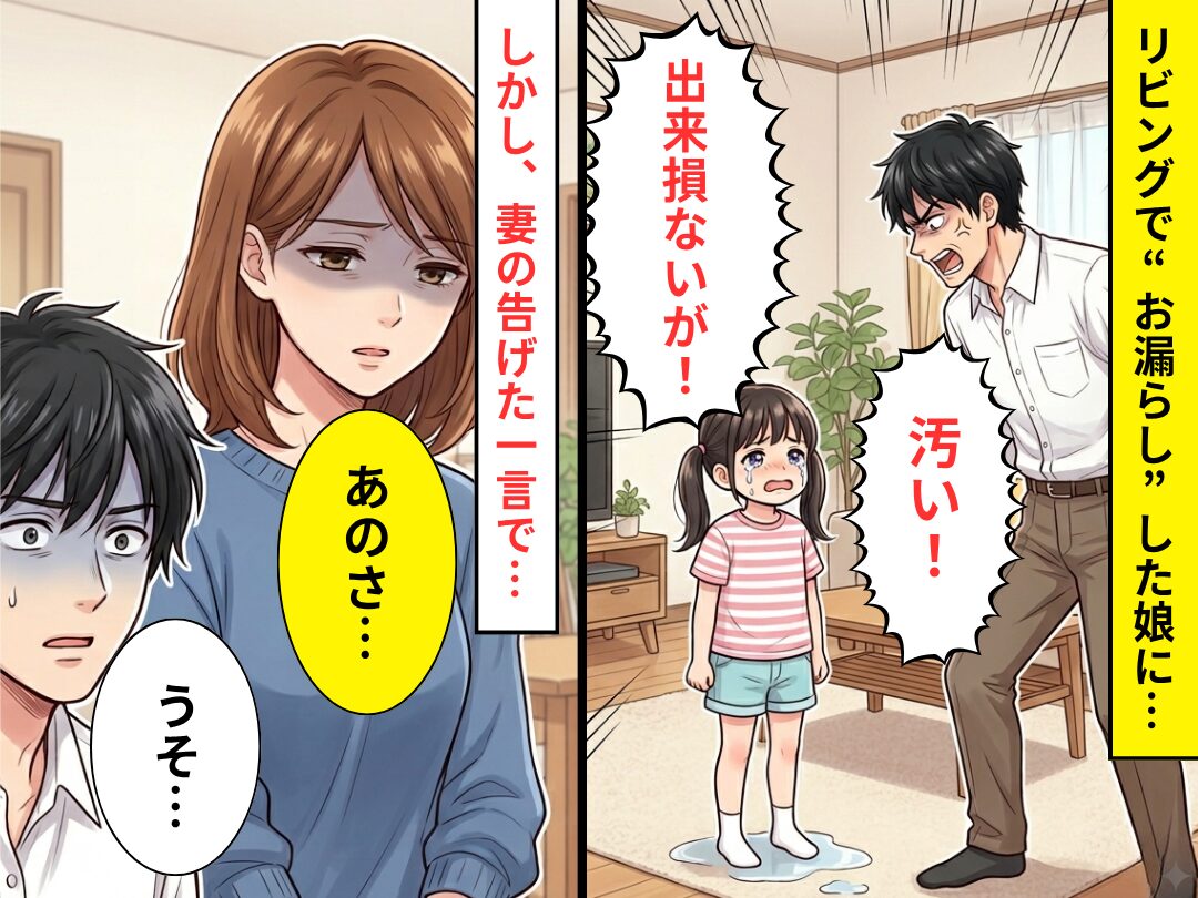 リビングで“おもらし”した娘に…夫「汚い！出来損ないが！」しかし⇒「あのさ…」妻の告げた一言に「うそ…」