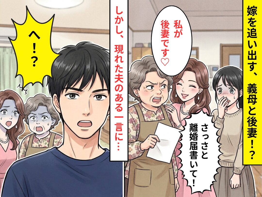 義母「さっさと離婚届書いて！」女性「私が後妻♡」嫁を追い出す2人だが⇒現れた夫の【ある一言】で…「へ！？」