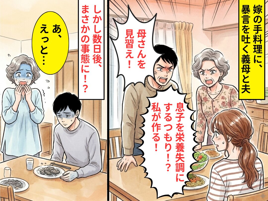 嫁の手料理に…義母「息子を栄養失調にするつもり！？私が作る！」しかし数日後⇒悲惨な事態に、義母「あ、えっと…」