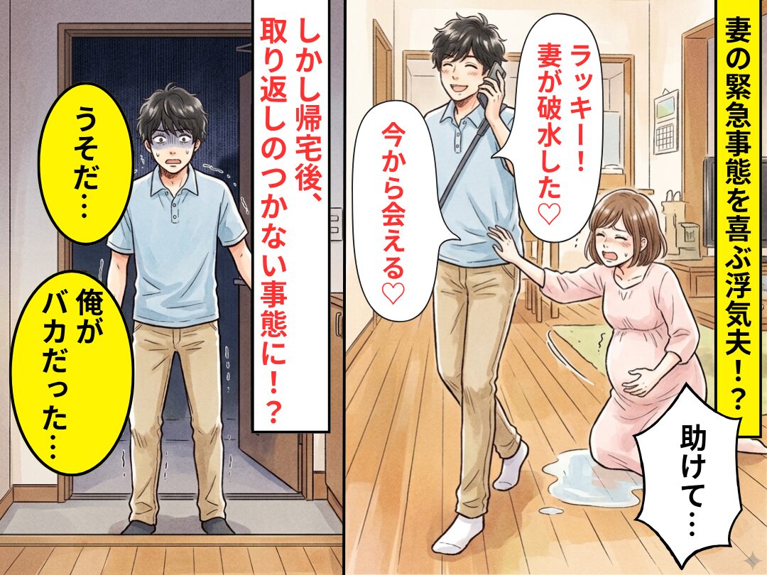 「ラッキー！破水した♡」妻の緊急事態に喜び、浮気する夫。しかし帰宅後⇒取り返しのつかない事態に「バカだった…」