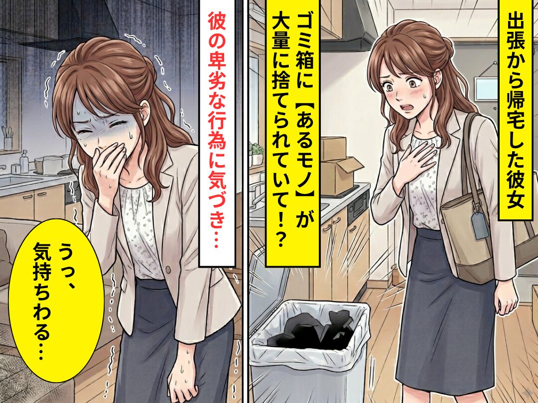 出張から帰宅した彼女…ゴミ箱に【あるモノ】が大量に捨てられていて⇒彼の卑劣な行為に気づき「うっ、気持ちわる…」