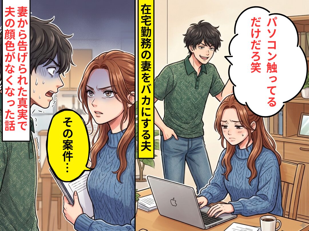 在宅勤務の妻を…「パソコン触ってるだけ笑」見下す夫！？しかし⇒「その案件…」妻が放った【真実】で夫の顔色がなくなった話