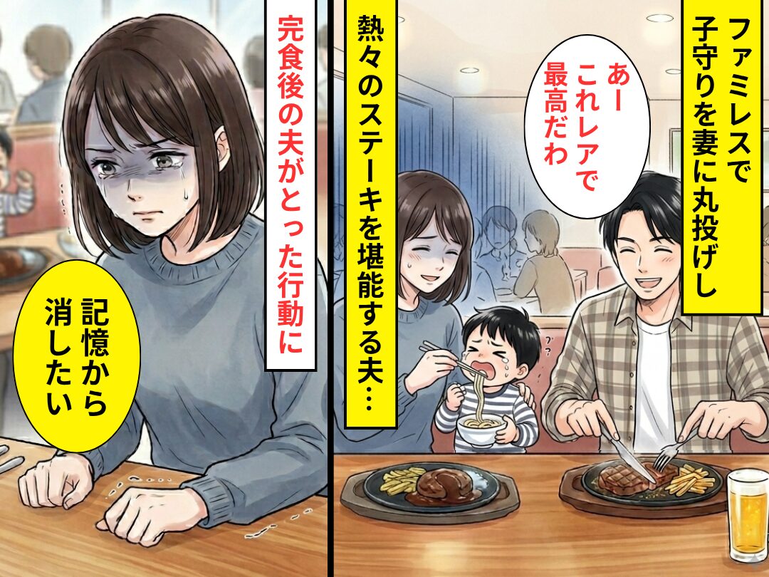 ファミレスで…子守りを妻に丸投げし、ステーキを堪能する夫！？完食後⇒夫が【とった行動】に…妻「記憶から消したい」