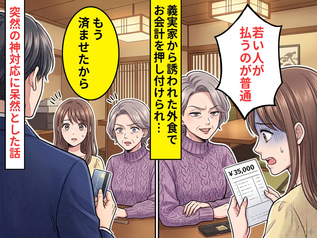 義実家から誘われた外食で…【3万5千円】のお会計を押し付けられた！？だが直後⇒「もう済ませた」予想外の神対応に呆然とした話