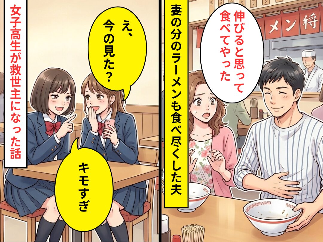人気ラーメン店で…妻の分まで食べ切った夫！？だが直後⇒「え、今の見た？」「キモすぎ」女子高生が救世主になった話