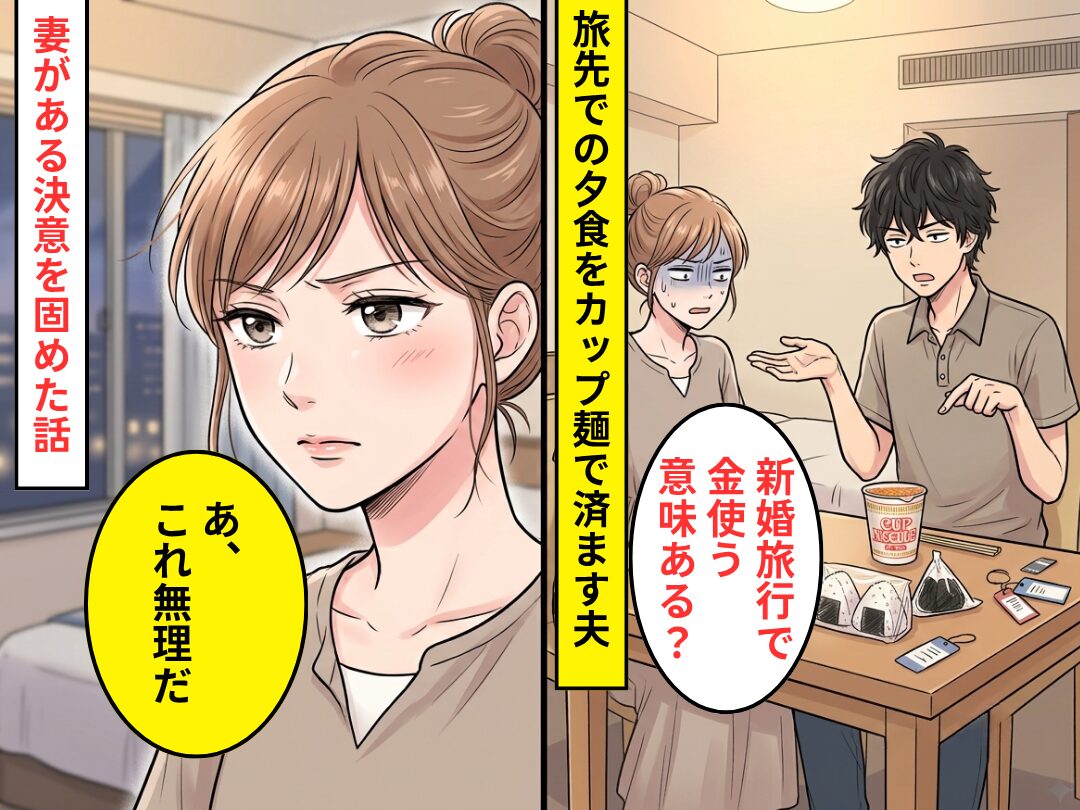 「新婚旅行で金使う意味ある？」旅先の夕飯をカップ麺で済ます夫！？妻「あ、これ無理だ」ある【決意】をした話