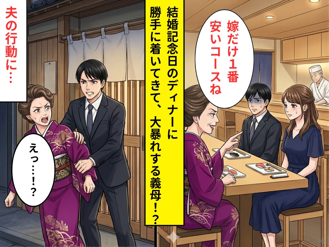 結婚記念日ディナーに勝手に着いてきて…「嫁だけ1番安いコース」大暴れする義母！？しかし⇒夫の【ある行動】に「えっ…！？」