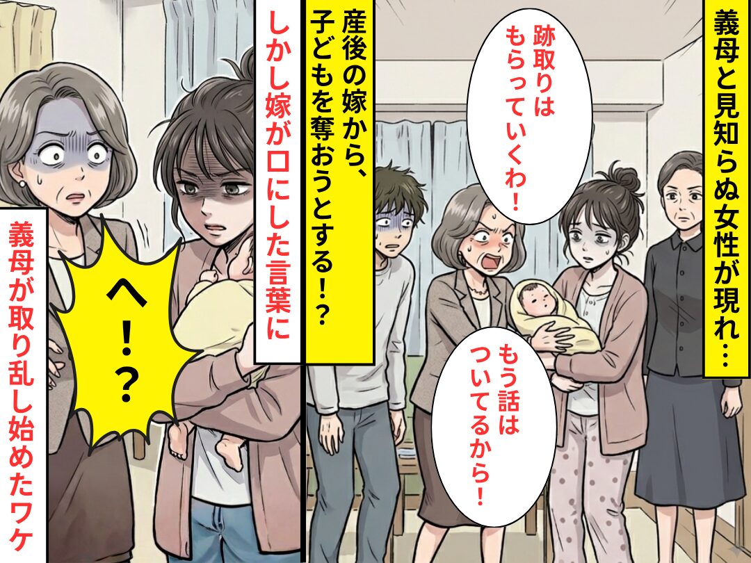 「跡取りもらっていくわ！」嫁から子どもを奪う義母！？しかし⇒嫁が口にした【言葉】に…「へ？」取り乱し始めたワケ