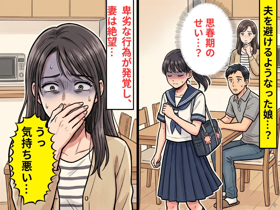 「思春期のせい…？」夫を避けるようなった娘。しかし⇒「うっ気持ち悪い…」卑劣な行為が発覚し、妻が絶望した話