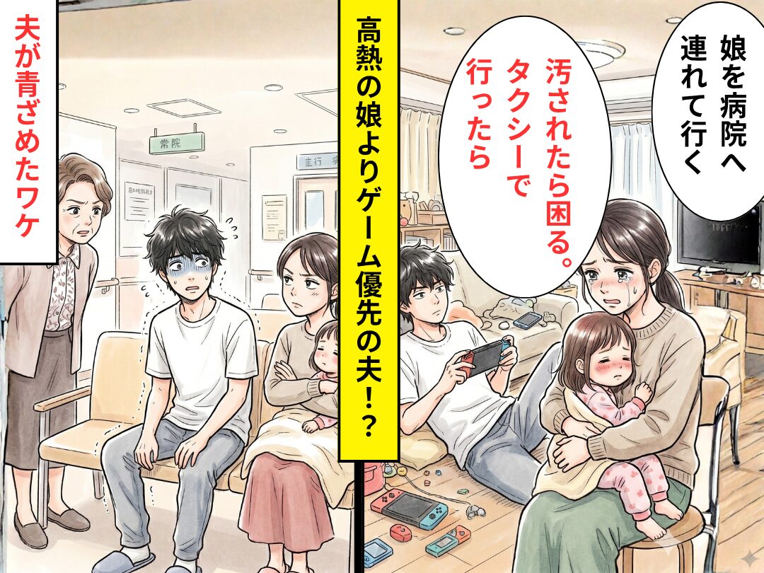 高熱の娘の送迎を夫に頼むと…「汚されたら困る」ゲームを優先された！？だが夫が病院に駆けつけると⇒血の気が引いた話