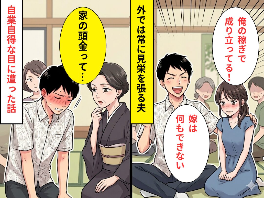 「俺の稼ぎで成り立ってる」常に見えを張る夫。しかし直後⇒「家の頭金って…」親戚の【強烈な暴露】で自業自得な目に遭った話