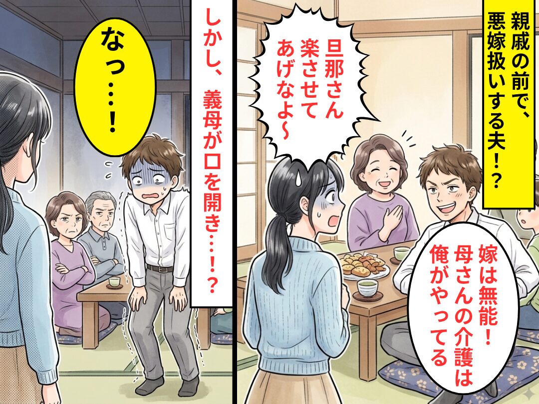 夫「嫁は無能！母さんの介護は全て俺」親戚の前で、悪嫁扱い。しかし⇒義母「あら…？」まさかの事態に、夫「なっ…！」