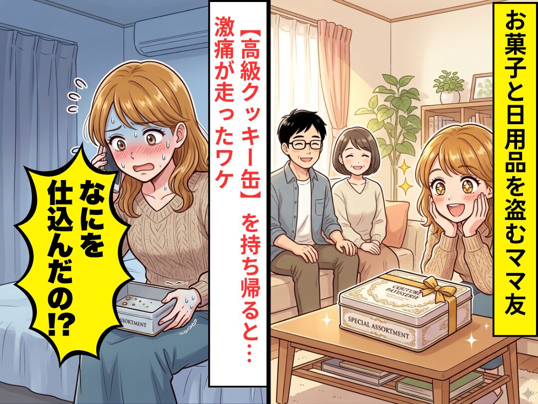 我が家のお菓子と日用品を“盗む”ママ友！？しかし【高級クッキー缶】を持ち帰ると「なにを仕込んだの！？」激痛が走った話。