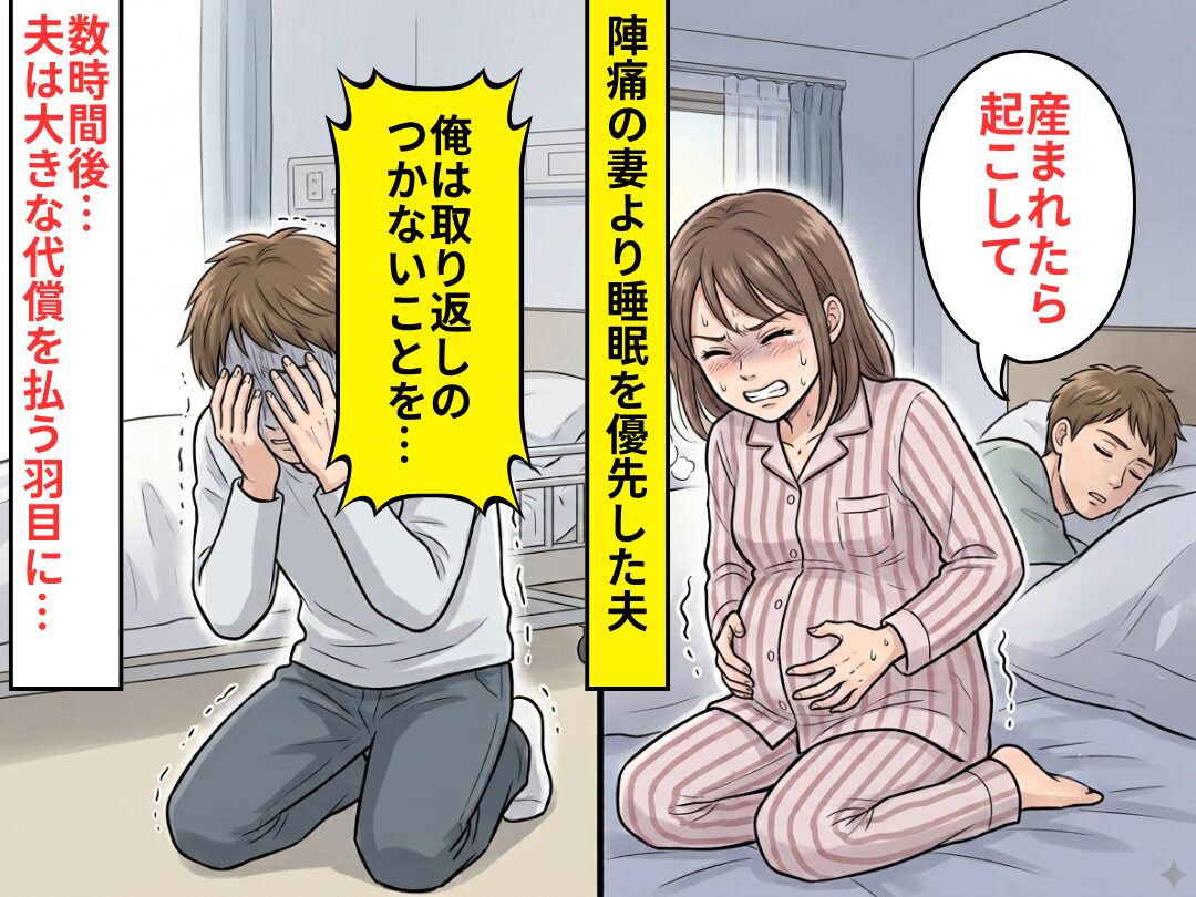 陣痛が始まった妻より”睡眠”が優先の夫！？数時間後⇒夫が膝から崩れ落ち…「俺は取り返しのつかないことを…」