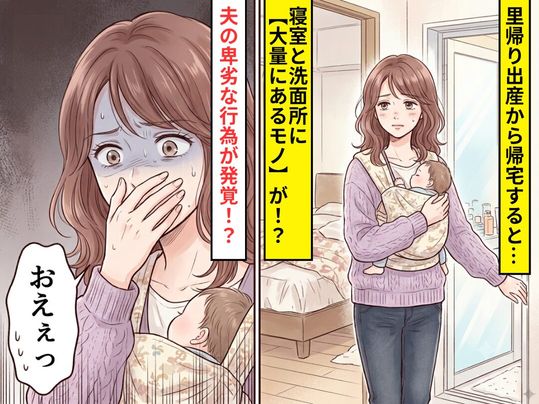 里帰り出産から帰宅すると、寝室と洗面所に【大量にあるモノ】が！？⇒夫の卑劣な行為に気づき…妻「おえぇっ」