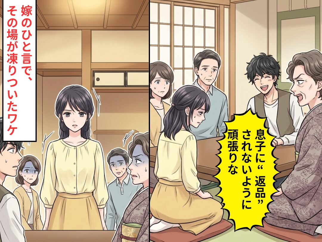「息子に“返品”されないように頑張りな」義母の暴言を隣で笑う夫！？しかし⇒嫁の“ひと言”で、その場が凍りついたワケ