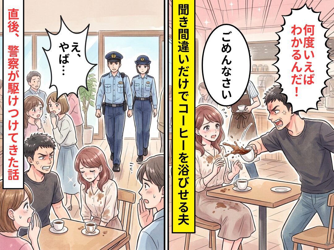 妻が聞き間違えただけで…コーヒーを浴びせた夫！？しかし直後⇒「え、やば…」警察が駆けつけてきた話