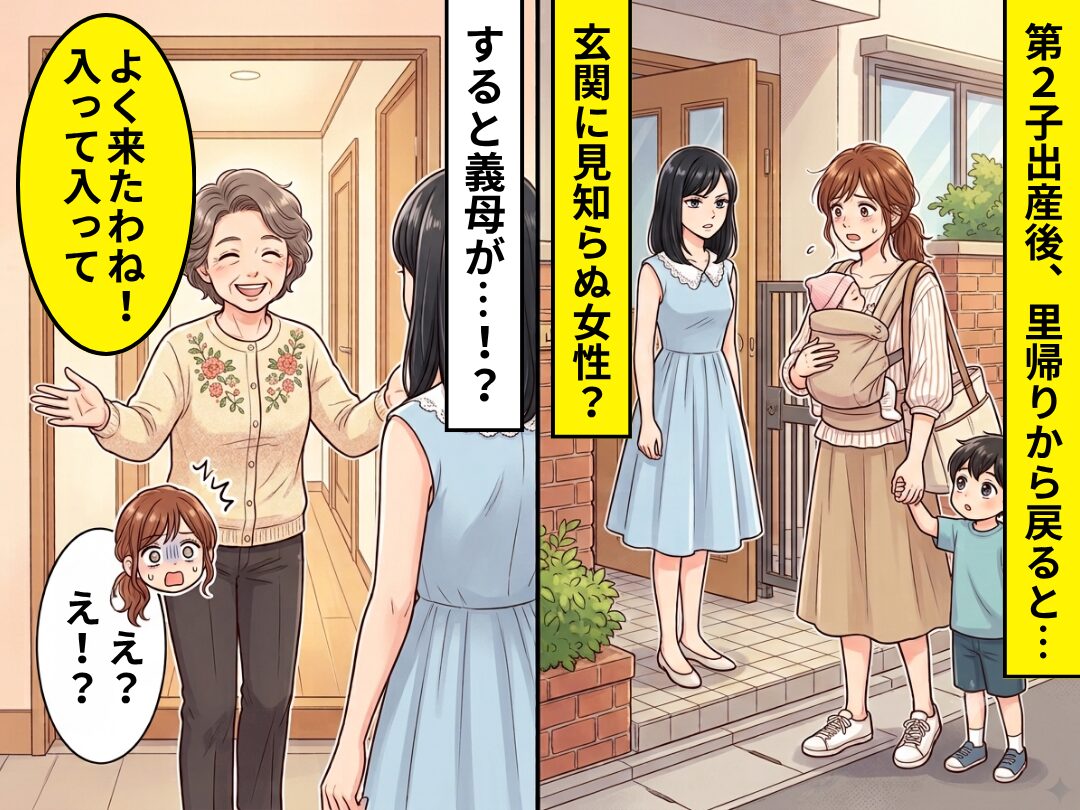 第2子出産後“里帰り”から戻ると…玄関に見知らぬ女性？しかし⇒義母「よく来たわね！入って入って」私「え？え！？」
