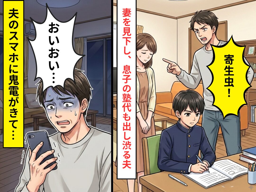 妻を「寄生虫」呼びするモラ夫は…息子の塾代も払わない！？しかし⇒夫のスマホに鬼電がかかってきて…「おいおい…」