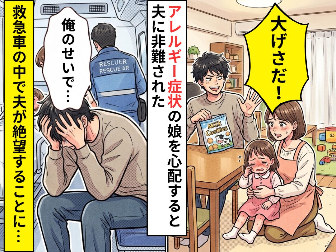 アレルギーのある娘にお菓子を与え…夫「大げさだ！」心配する妻を非難！？しかし数十分後⇒救急車で…夫「俺のせいで…」