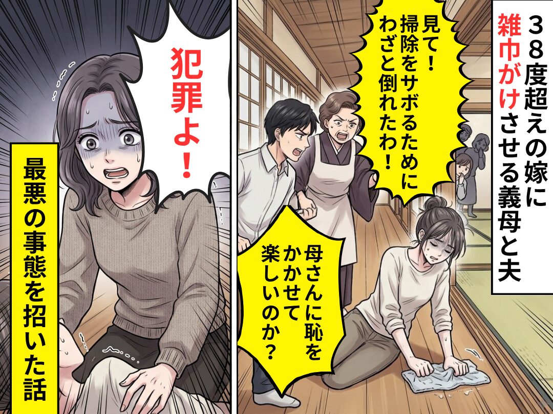 38度超えの嫁に【雑巾がけ】させる義母と夫！？倒れても軽視した結果⇒義姉「犯罪よ！」最悪の事態を招いた話