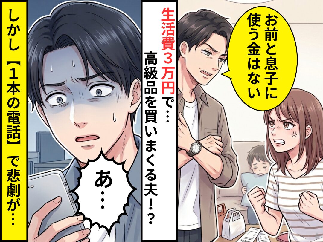 「お前と息子に使う金はない」生活費3万円で…高級品を買いまくる夫！？しかし⇒【1本の電話】で、夫「あ…」悲劇が待っていた話