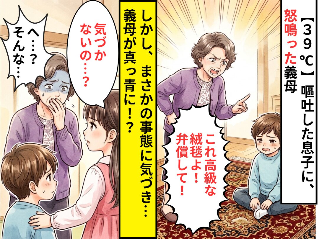 【39℃】嘔吐した息子に、義母「これ高級な絨毯よ！弁償して！」しかし⇒娘「気づかないの…？」まさかの事態に「へ…？」