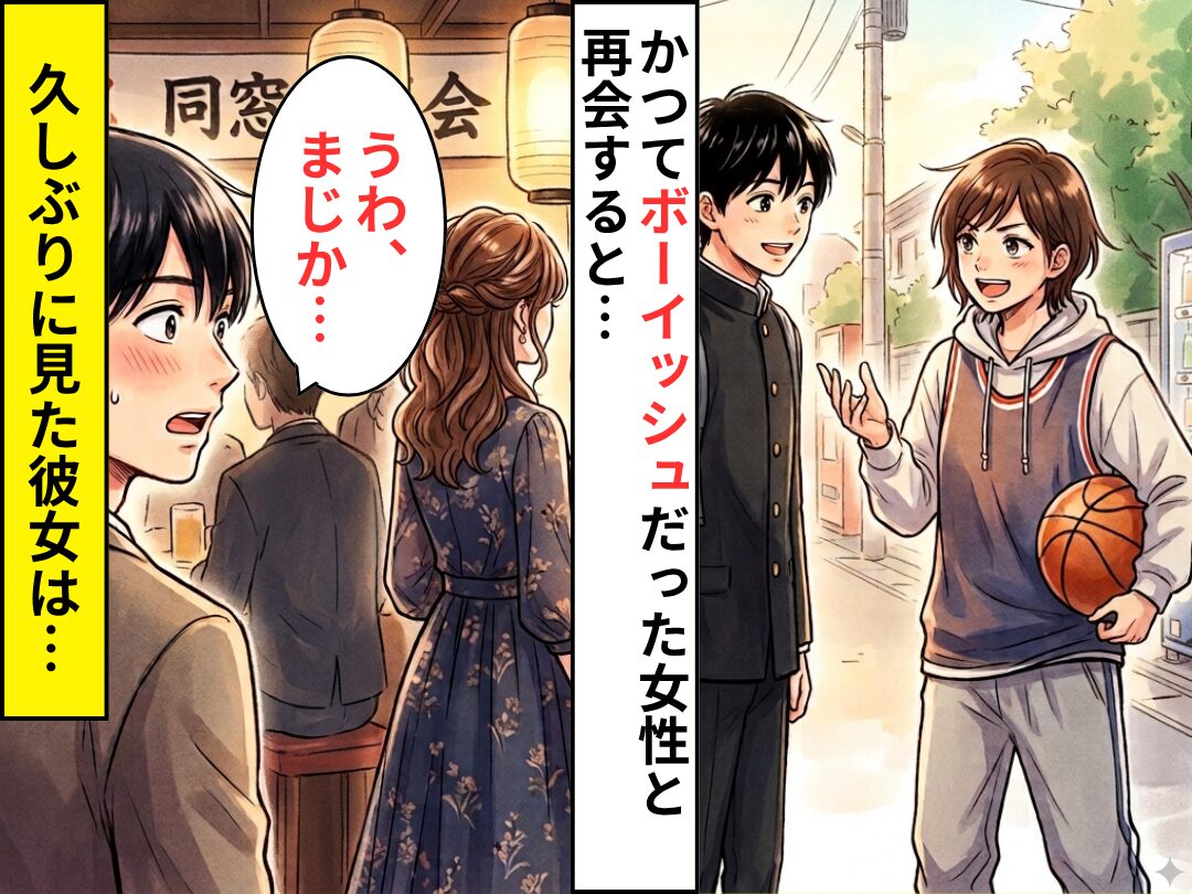 久しぶりに同窓会で…”ボーイッシュ”だった女性と再会！しかし⇒女性を見た瞬間…「うわ、まじか…」