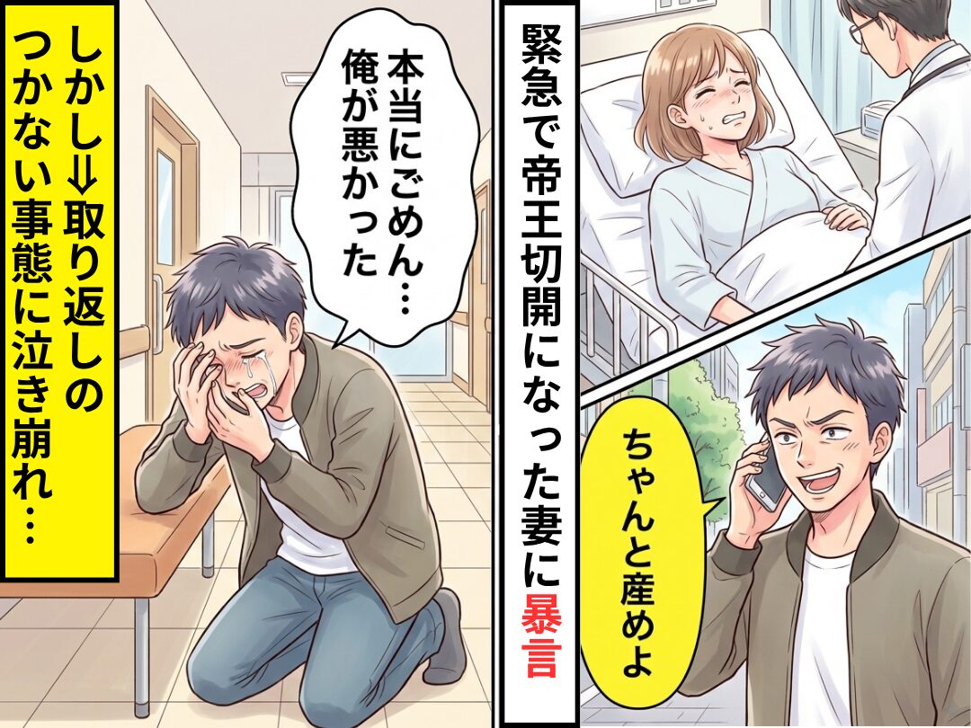 緊急で帝王切開になった妻に…モラ夫「ちゃんと産めよ（笑）」しかし⇒取り返しのつかない事態に泣き崩れ「本当にごめん…俺が悪かった」