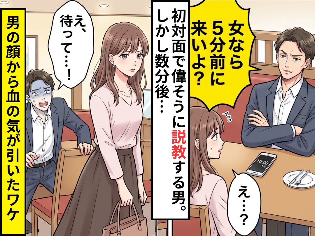 「女なら5分前に来いよ？」初対面で偉そうに説教する男！？しかし⇒数分後「え、待って…」男の顔から血の気が引いたワケ