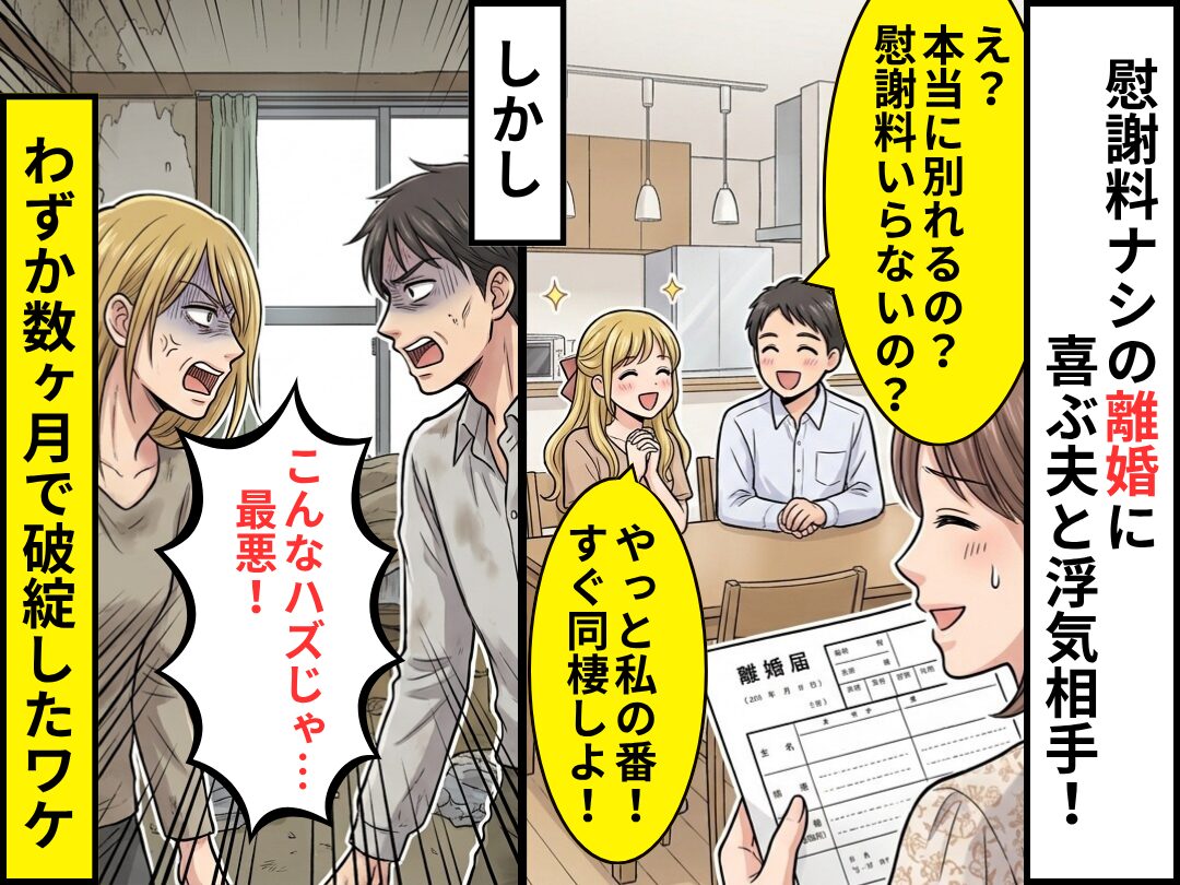 【慰謝料ナシの離婚】に喜ぶ夫と浮気相手！しかし「こんなハズじゃ…最悪！」⇒わずか数ヶ月で【破綻】したワケ