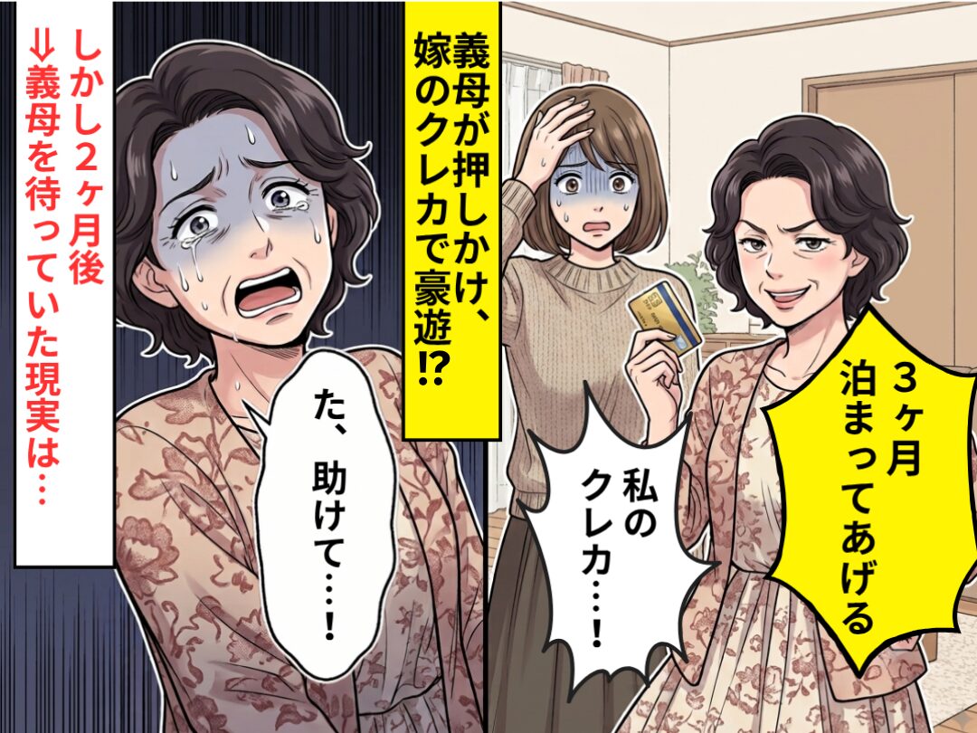 「3ヶ月泊まってあげる」義母が押しかけ、嫁のクレカで豪遊！？しかし2ヶ月後⇒義母を待っていた“現実”に「た、助けて…！」