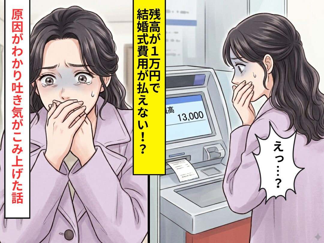 結婚式費用【200万円】を支払おうとすると…残高が1万円しかない！？その後⇒お金が消えた理由が発覚し”吐き気”を覚えた話