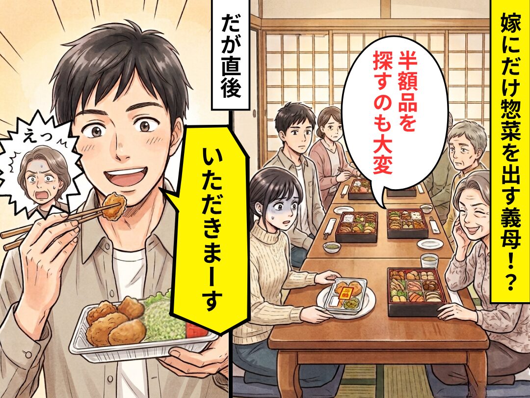 親戚も集まる中…義母「半額品を探すのも大変」嫁だけ惣菜！？だが直後⇒夫「いただきまーす」義母「えっ」