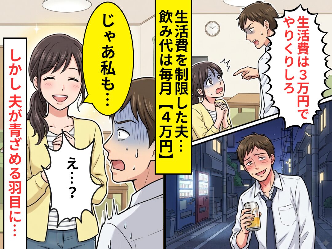生活費を3万円に制限した夫…飲み代は毎月【4万円】！？しかし⇒妻「じゃあ私も…」笑顔で告げた一言に、夫「え…？」