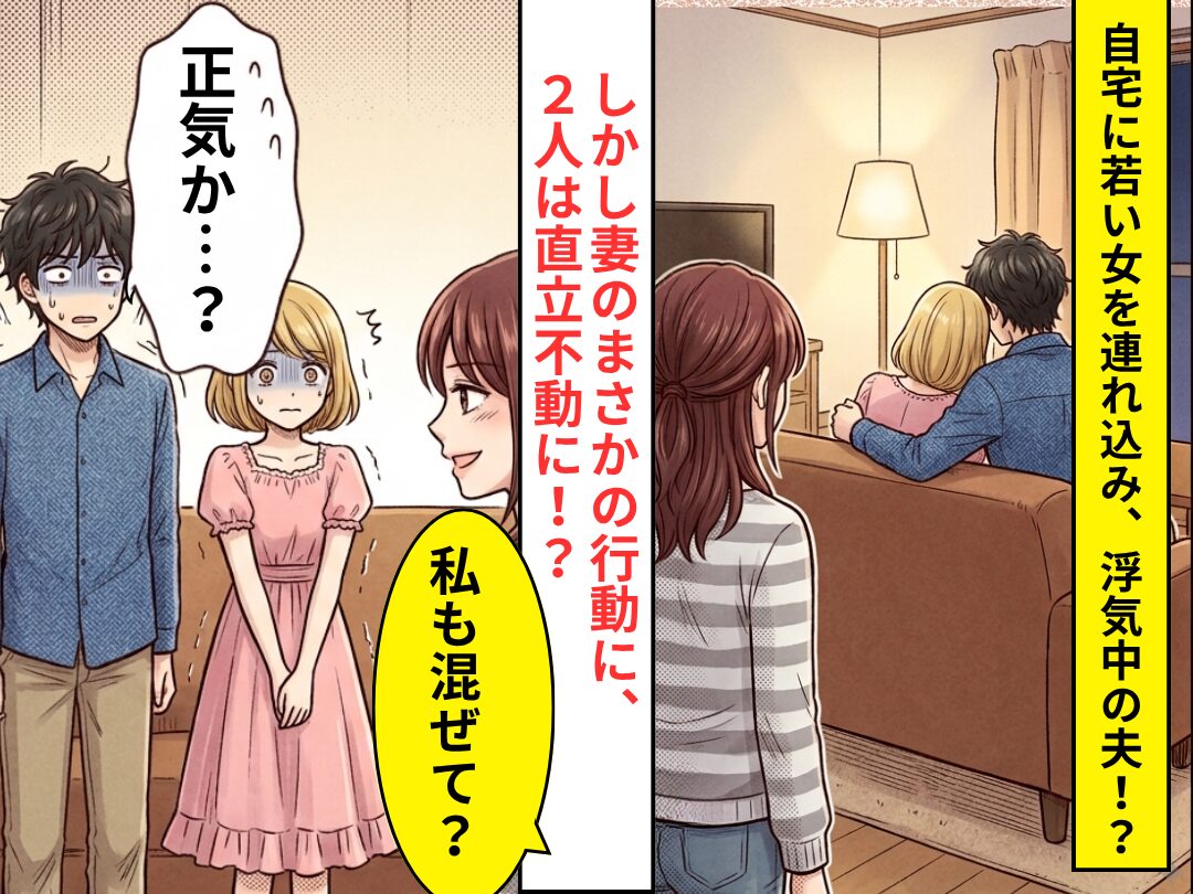 若い女を連れ込み、浮気に及ぶ夫！？しかし⇒「私も混ぜて？」妻のまさかの行動に「正気か…？」2人は直立不動に！？