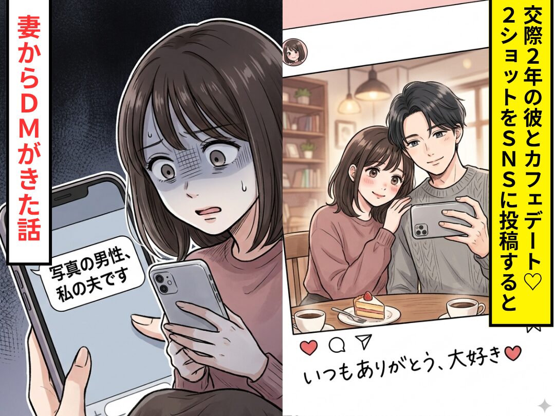 交際2年の彼とカフェデート♡2ショットをSNSに投稿すると⇒「写真の男性、私の夫です」妻からDMがきた話
