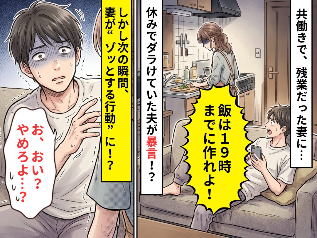 共働きで、残業だった妻に「飯は19時までに作れ！」次の瞬間⇒妻が“ゾッとする行動”に出て「お、おい？やめろよ…？」