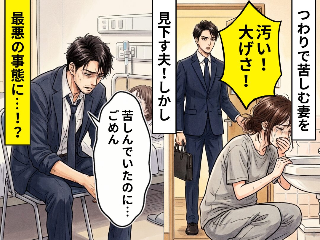 つわりで苦しむ妻を「汚い！大げさ！」と見下す夫！しかし⇒最悪の事態に気づき…「苦しんでいたのに…ごめん」