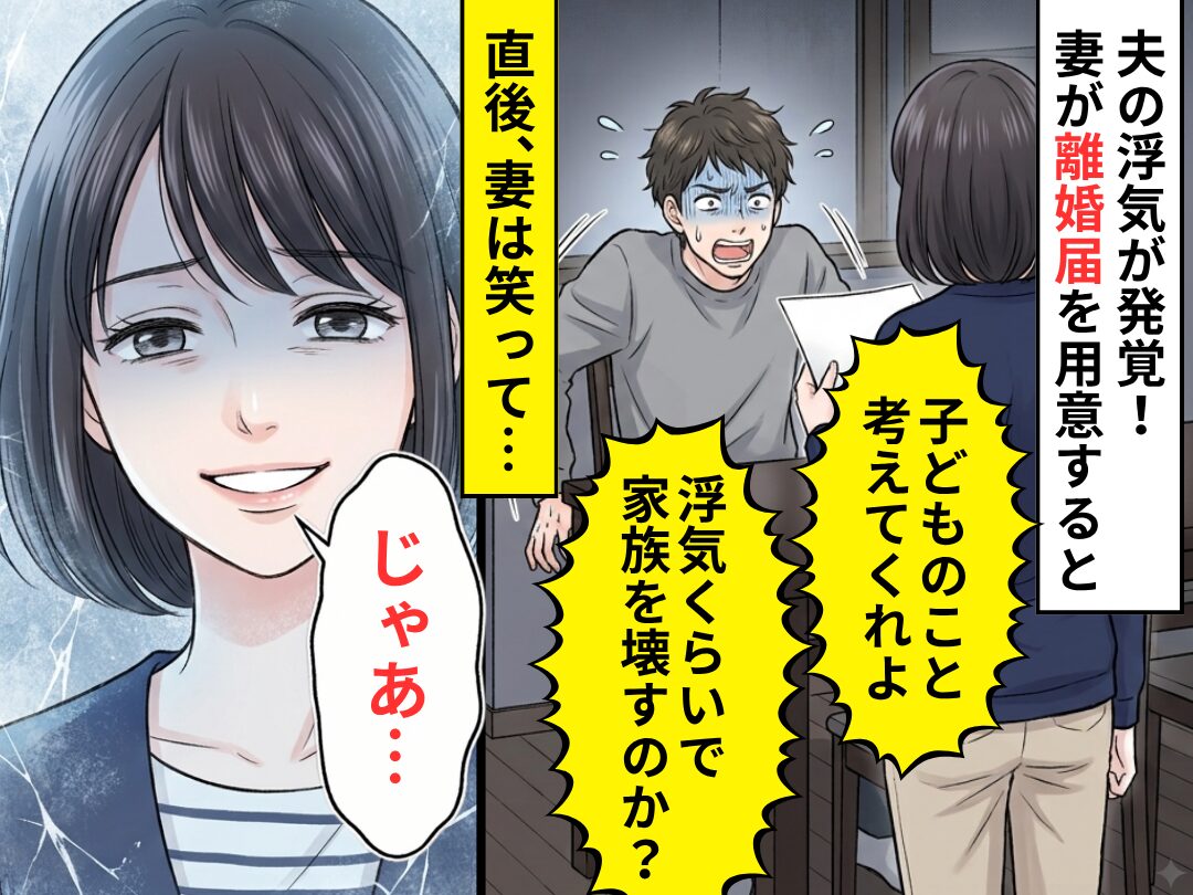 夫の浮気が発覚！妻が“離婚届”を用意すると「子どものこと考えてくれよ」⇒直後、妻は笑って「じゃあ…」