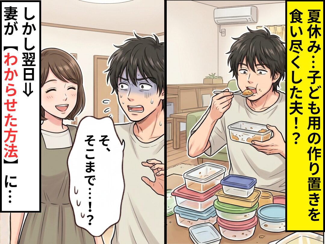 夏休み…子ども用の“作り置き”を食い尽くした夫！？しかし翌日⇒妻が【わからせた方法】に、夫「そ、そこまで…！？」