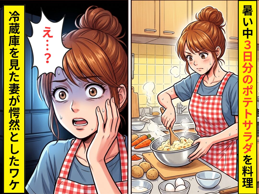 暑い中作った”3日分”のポテトサラダ。しかし翌朝⇒冷蔵庫を開けた妻が「え…？」愕然とした話