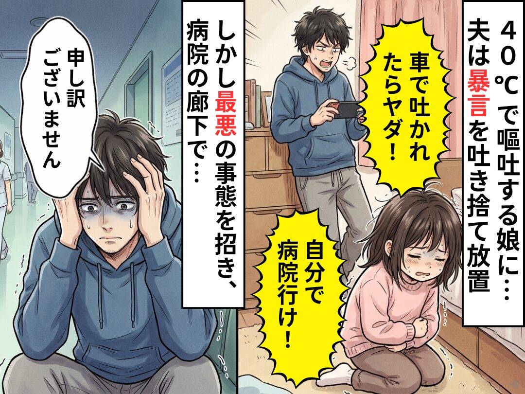 40℃で嘔吐する娘に…「車で吐かれたらヤダ！自分で病院行け！」しかし⇒病院の廊下で起きた事態に「申し訳ございません」
