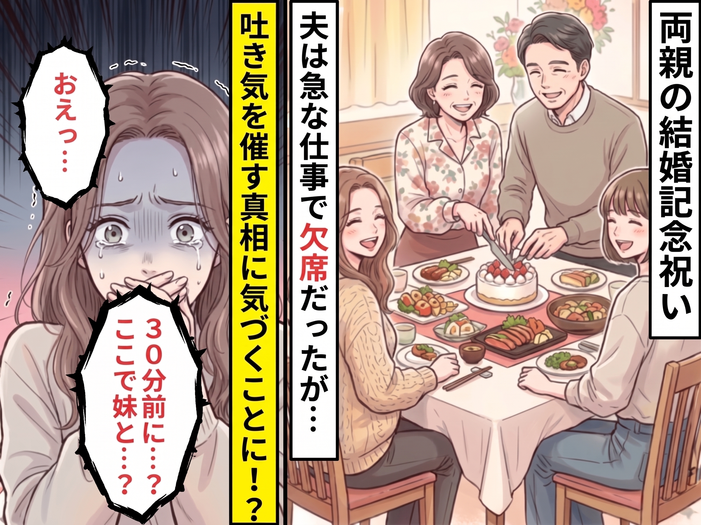結婚記念のお祝いを、ドタキャンした夫だが「30分前に…？妹と…？」⇒吐き気を催す真相に気づき、妻「おえっ…」