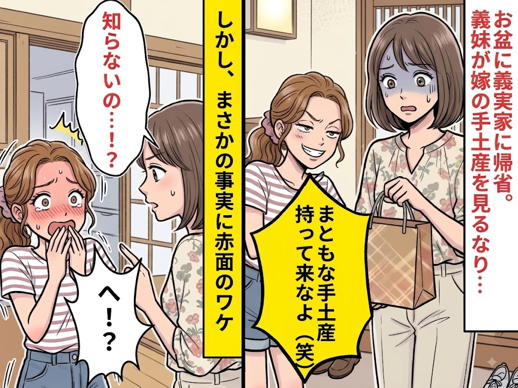 お盆に帰省…義妹「まともな手土産持って来なよ（笑）」しかし⇒嫁「知らないの…！？」まさかの事実に「へ！？」