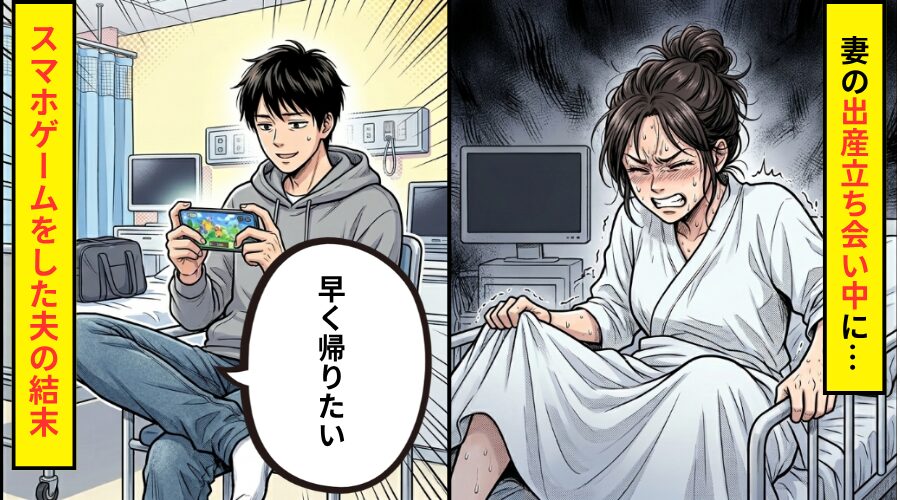妻の出産立ち会い中…「早く帰りたい」スマホゲームをする夫！？しかし直後⇒夫が真っ赤に染まった話