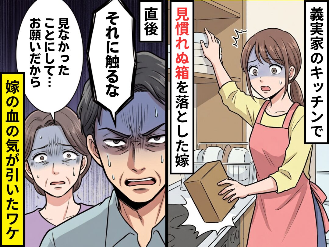 義実家のキッチンで【見慣れぬ箱】を落とした嫁。義父「それに触るな」⇒直後、嫁の血の気が引いたワケ