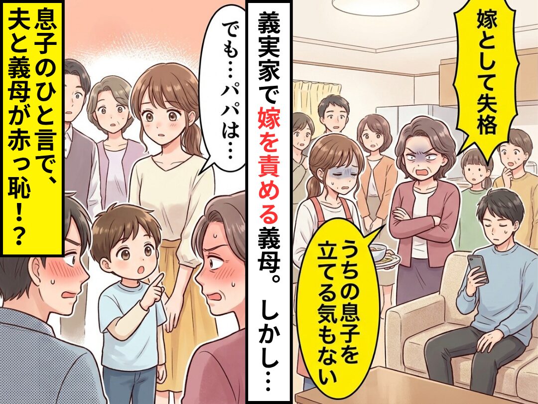 「妻として失格ね」義実家で嫁を責める義母。しかし直後⇒「でも…パパは…」息子が放った“ひと言”で、夫と義母が赤っ恥！？